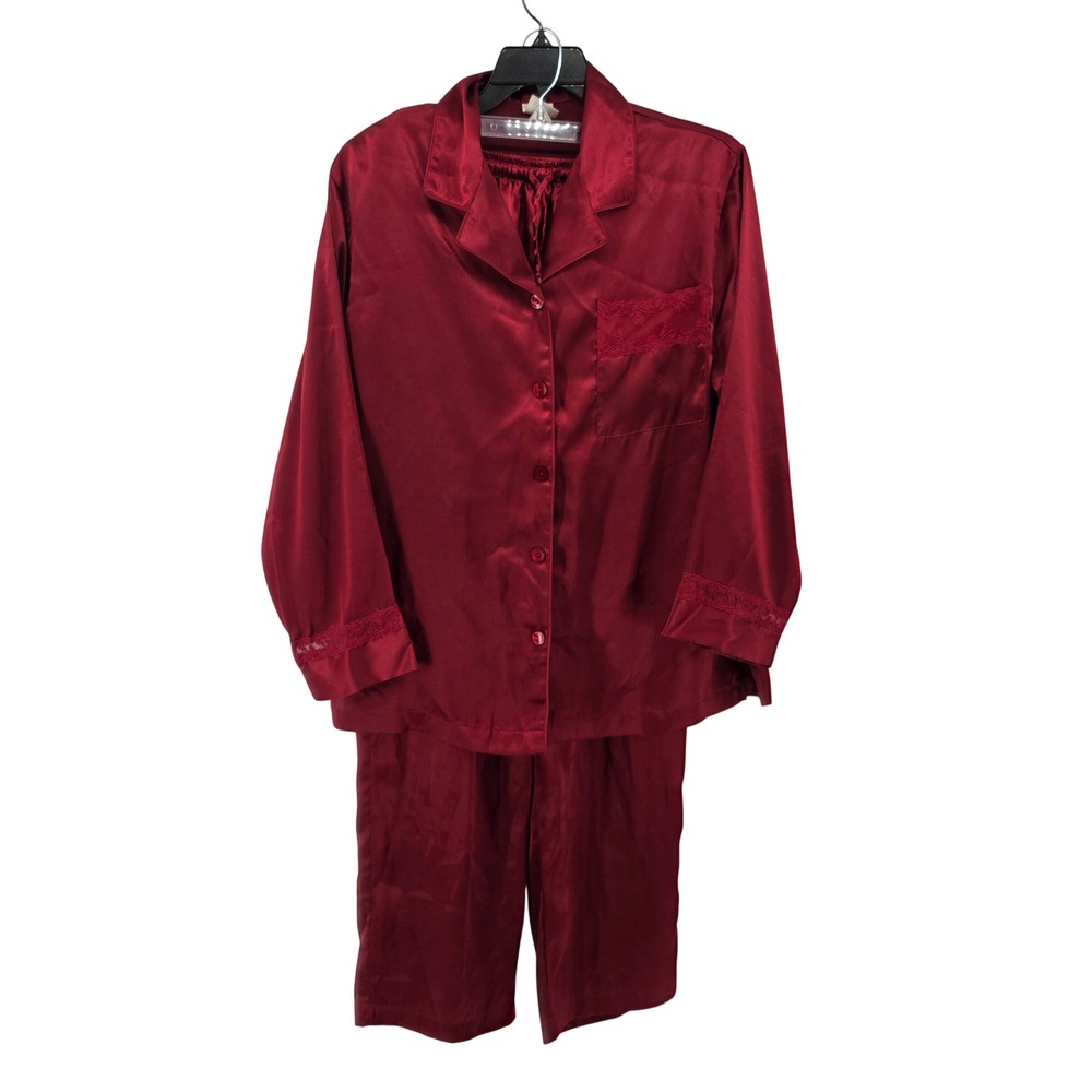 Cabernet Sleepwear Burgundy Red Satin Pajama Set Lace Trim Long Sleeve Medium